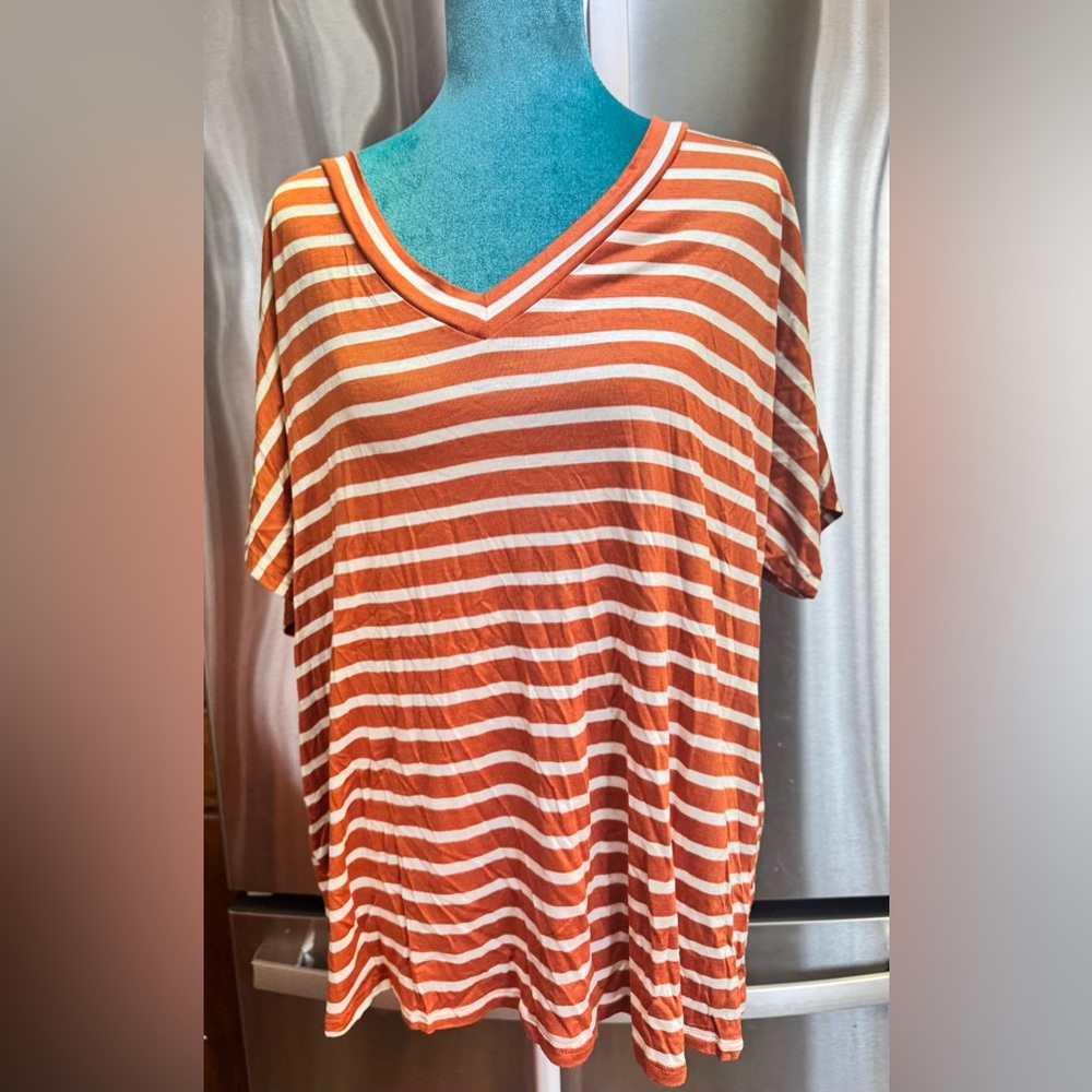MTS Orange and White Striped V-Neck Tee